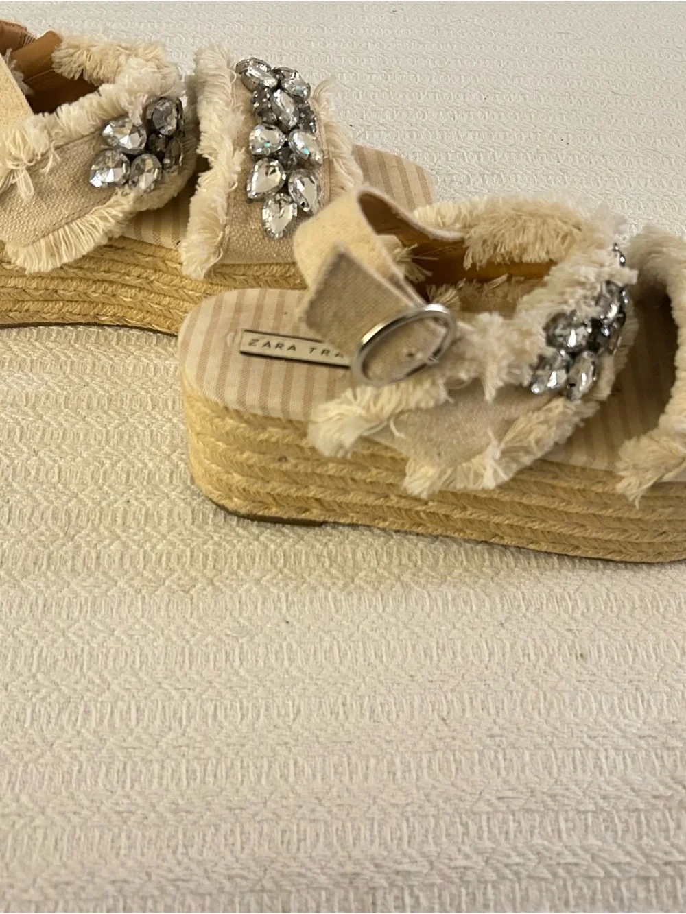 Zara Cream Jeweled Platform Espadrille Sandals